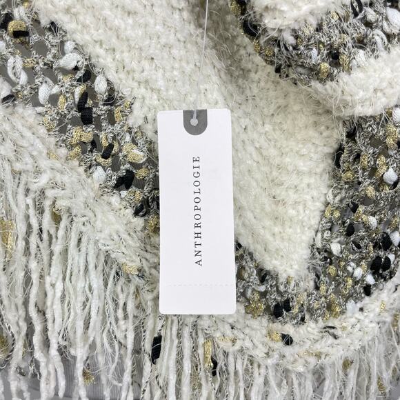 Moth | Anthropologie NWT White Soft Chunky Knit Metallic Stripe Fringe Sweater - Picture 8 of 12
